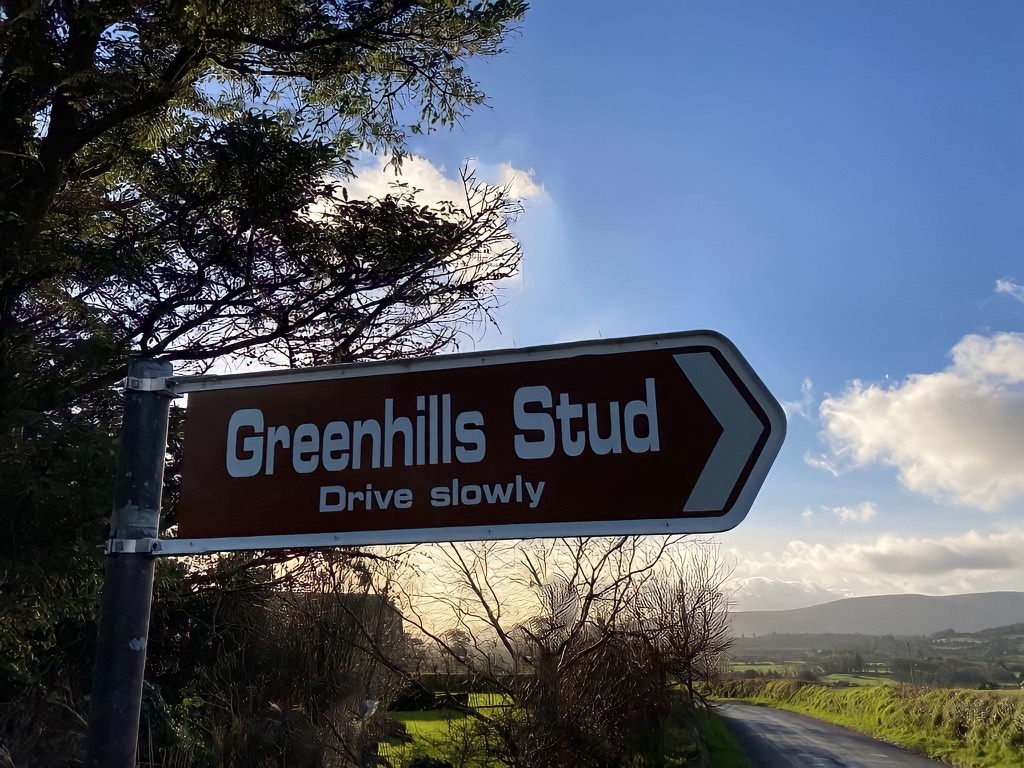 Roadside sign for Green Hills Stud pointing along a country lane towards the Comeragh Mountains